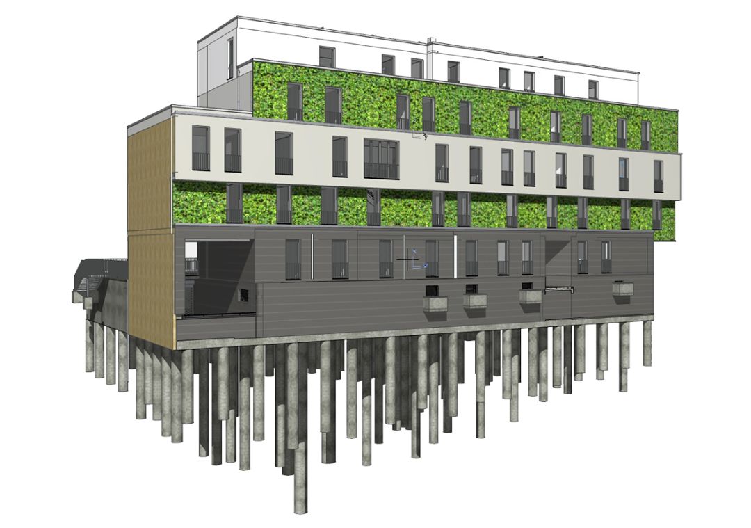 Gebäudemodell BIM Mehrfamilienhaus mit begrünter Fassade (vertical green garden) mit Bohrpfahlgründung unter der Tiefgarage, WBG Südharz Nordhausen, Architekt Michael Flagmeyer
