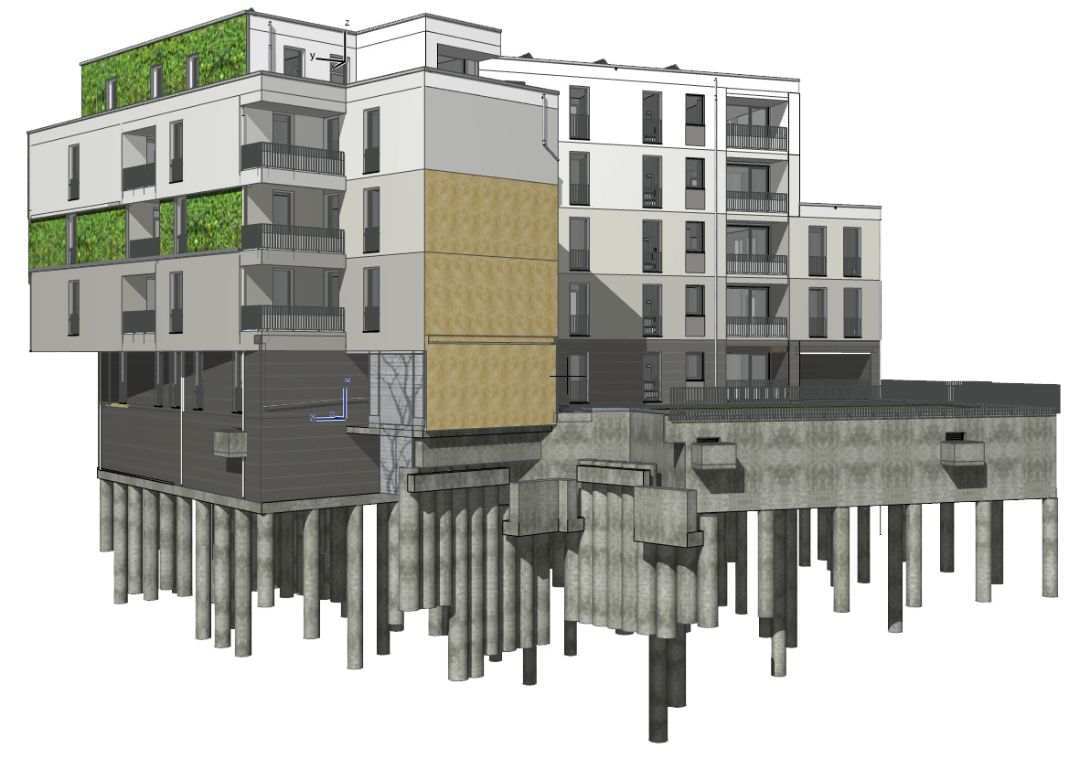 Gebäudemodell BIM Mehrfamilienhaus mit begrünter Fassade (vertical green garden), WBG Südharz Nordhausen, Architekt Michael Flagmeyer